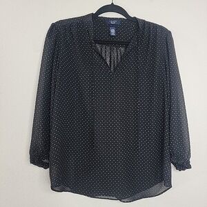 Chaps Petite Large Black Sheer Blouse Polka Dot 3/4 Sleeve Top